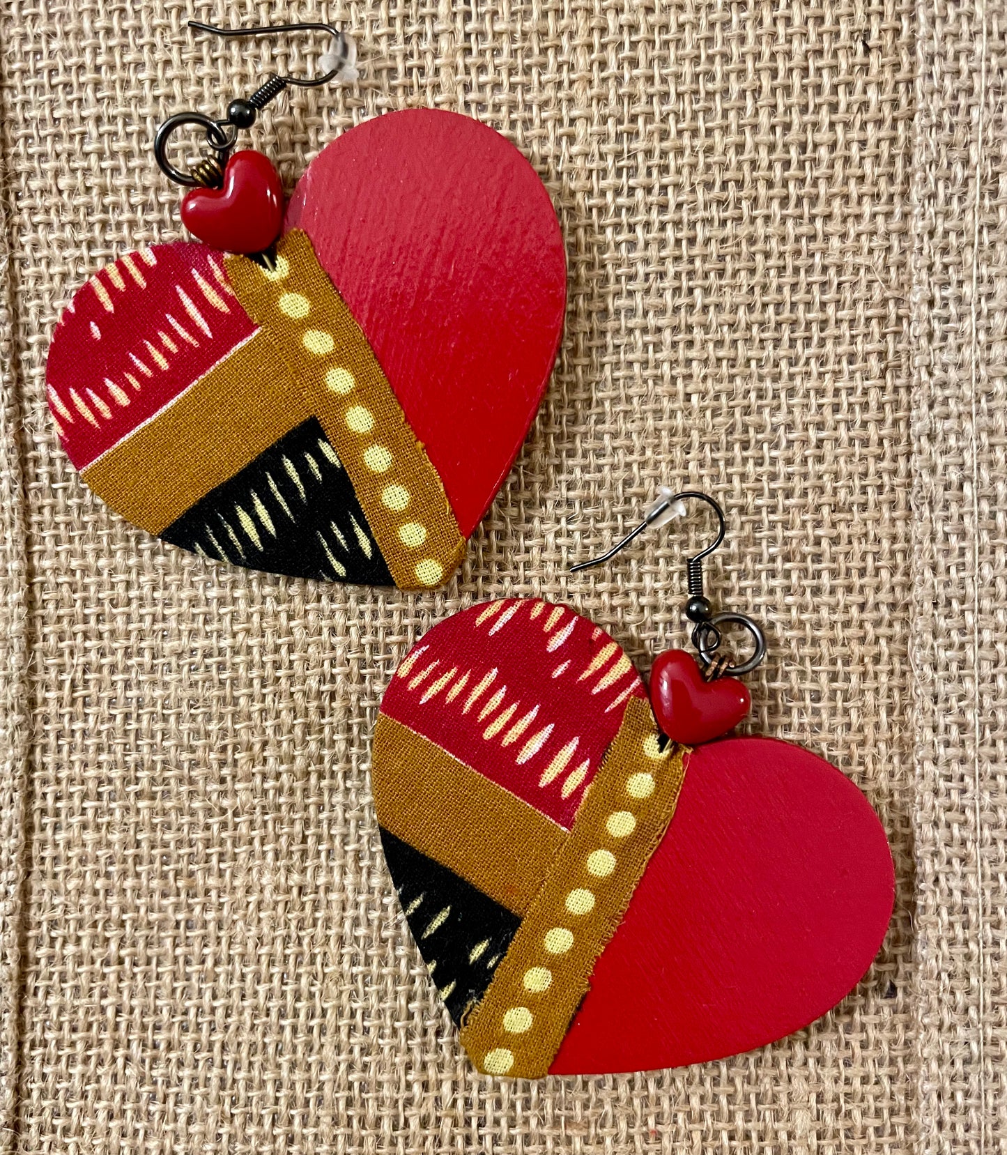 Red & Black African Fabric Heart Earrings
